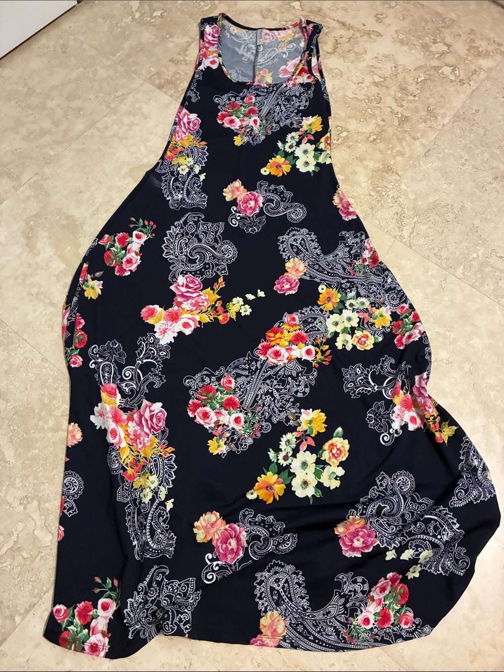 24/7 Comfort Apparel Navy Floral & Paisley Maxi Dress